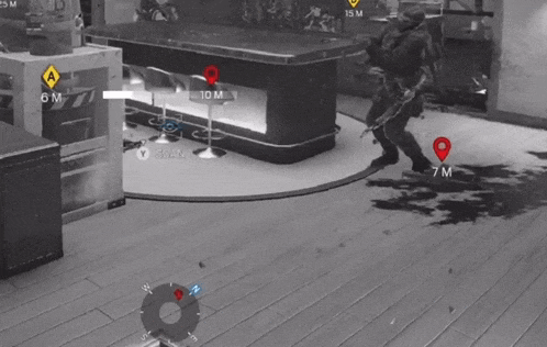 a black and white photo of a video game with a few markers on the floor including one that says 7 m