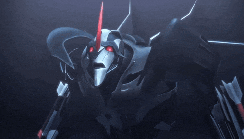 a robot with red eyes and a red arrow pointing up