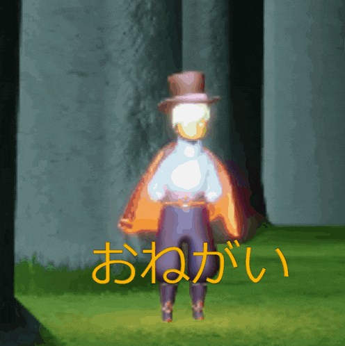 a man in a top hat and cape is standing in a field with chinese writing