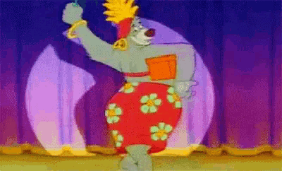 a cartoon bear is dancing on a stage wearing a floral skirt .