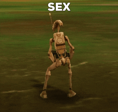 a robot is dancing in a field with the word sex written above it