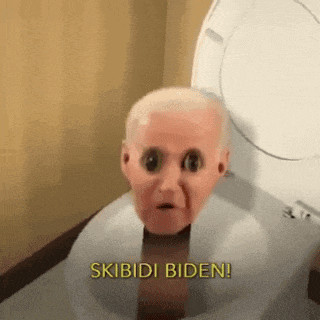 a man 's head is sticking out of a toilet with the words skibidi biden written on the bottom