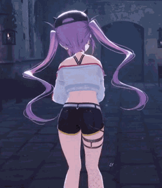 a girl with purple hair is wearing shorts and a blue top
