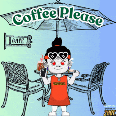 a cartoon of a girl holding a cell phone in front of a cafe sign
