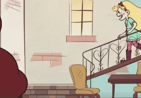 a cartoon girl is standing on a set of stairs