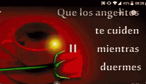 a cup of coffee sits on a saucer next to a rose with the words dulces suenos below it