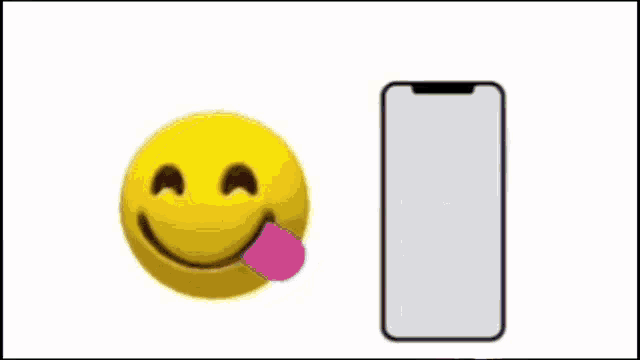 a yellow smiley face next to a cell phone with a person 's face on it