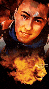 a painting of a man with fire behind him and the words photolab on the bottom right