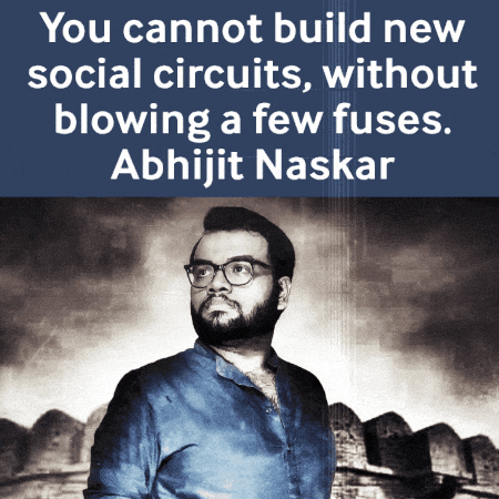 an advertisement for abhijit naskar shows a man in a blue shirt