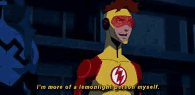 a man in a yellow and red superhero costume is saying i 'm more of a lemonlight person myself .