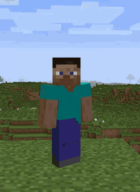 a man in a blue shirt and blue pants is standing in a field
