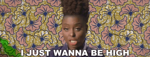a woman says " i just wanna be high " in front of a patterned background