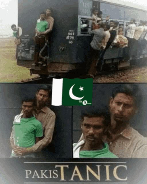a poster for pakistanic shows a group of men standing next to a train