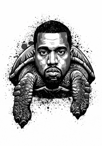 a black and white drawing of kanye west in a turtle shell .