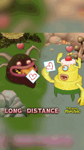 a screenshot of a game called my singing monsters shows two monsters holding hearts