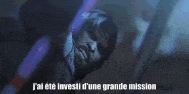 a cartoon of a man with the words j'ai ete investi d' une grande mission above him