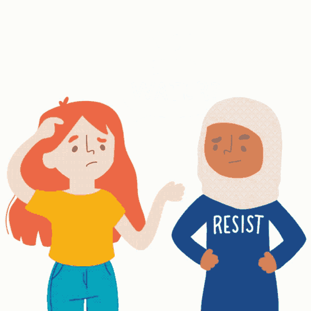 a woman wearing a shirt that says resist is standing next to another woman