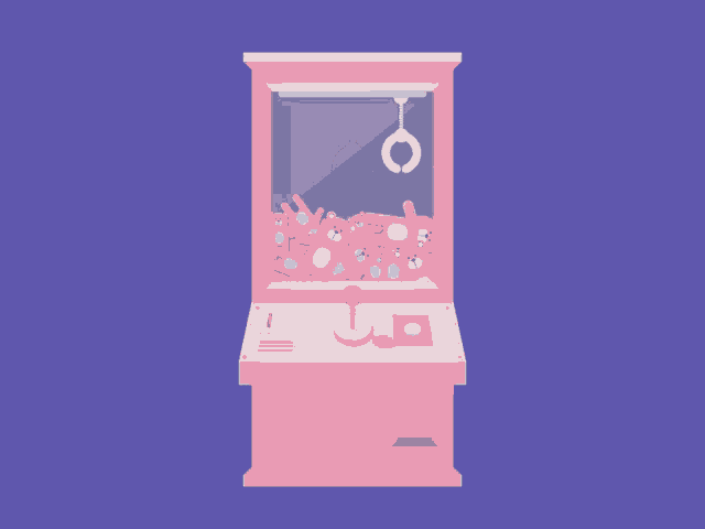 a pink claw machine with a coin slot and a purple background