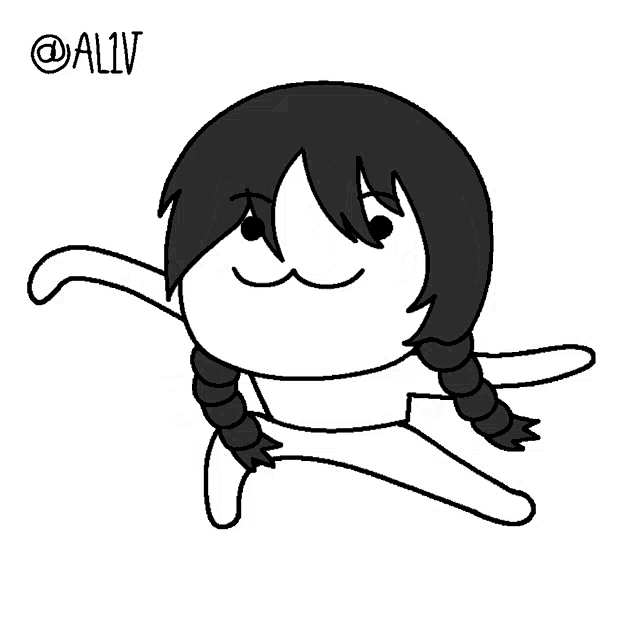 a black and white drawing of a girl with braids and the name @aliv on the bottom