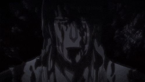 a black and white drawing of a person with blood dripping from their face