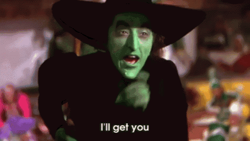 the witch from the wizard of oz is wearing a black hat and green makeup and says i 'll get you .