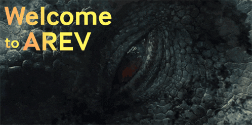 a poster that says welcome to arev with a close up of a dinosaur 's eye