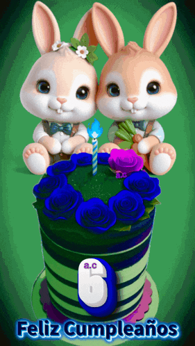 two rabbits sitting on top of a cake that says feliz cumpleaños