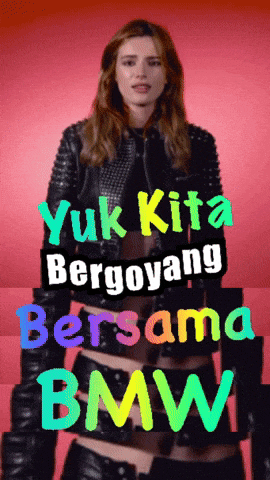 a woman in a leather jacket with the words yuk kita bergoyang bersama bmw on the bottom