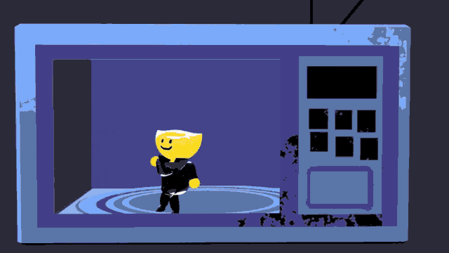 a yellow cartoon character is standing in front of a blue door