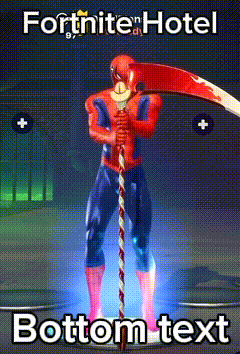 a cartoon of a spiderman holding a scythe with the words fortnite hotel bottom text written below it