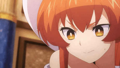 a close up of an anime girl with orange hair
