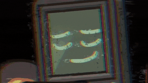 a painting of three bananas with a rainbow frame