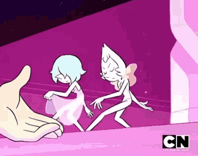 a cartoon of two pearls standing next to each other on a purple background .