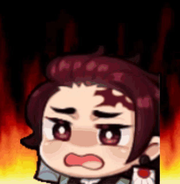 a close up of a cartoon character 's face with flames in the background .