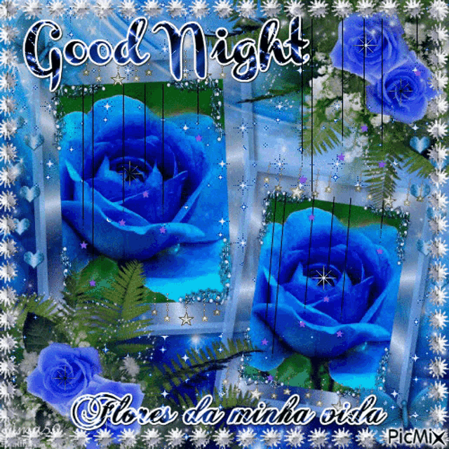 a picture with blue roses and the words good night