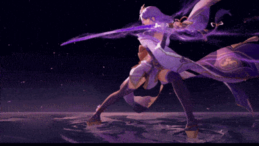 a purple anime character is holding a sword in her hand