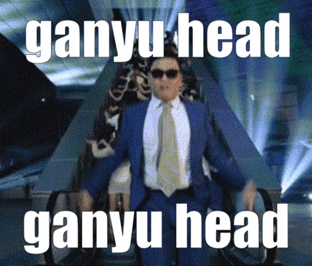 a man in a suit and tie is riding an escalator with the words ganyu head ganyu head written below him