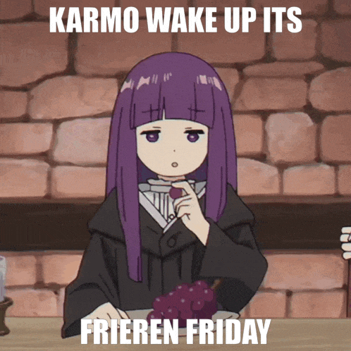 a picture of a girl with purple hair and the words karmo wake up its frieren friday on the bottom