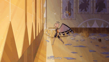a cartoon character says " like gravity " while walking through a hallway