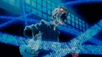 a cartoon character is standing in a dark room with a blue background