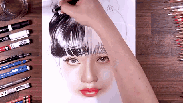 a person is drawing a woman 's face with colored pencils