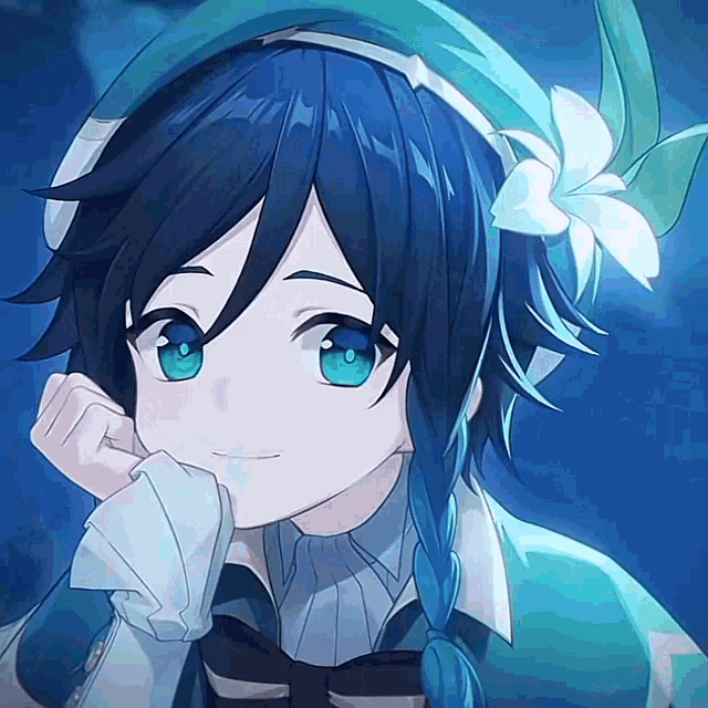 a close up of a blue haired anime character with a flower in his hair .