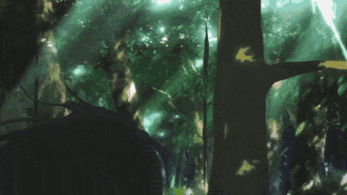 a person standing in a forest with a sword