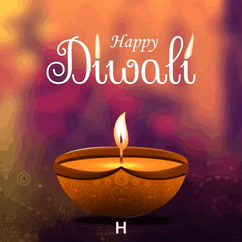 a diwali greeting card with a candle in a bowl