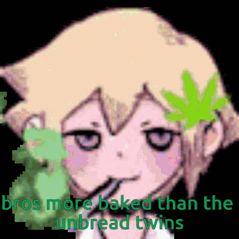a cartoon of a girl with a marijuana leaf in her hair and the words " bros more baked than the unbread twins "