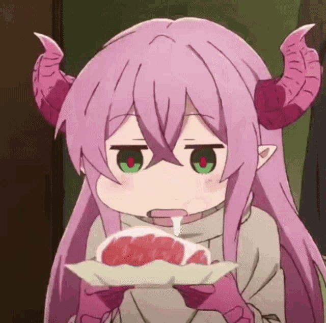 a little girl with horns is eating a piece of meat .