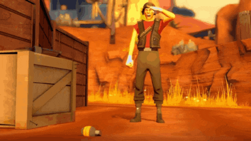 a man in a red shirt and brown pants salutes in a video game