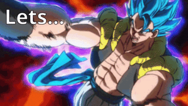 a cartoon of a man with blue hair and the words lets