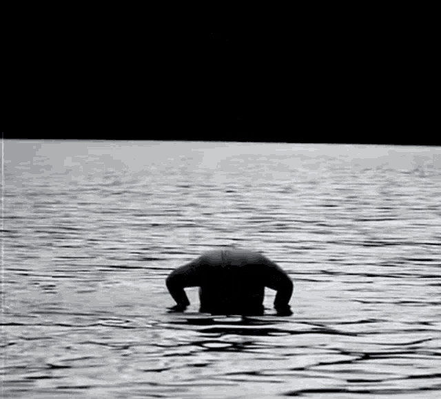 a black and white photo of a person swimming in a lake .