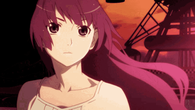a girl with purple hair and blue eyes is standing in front of a ferris wheel